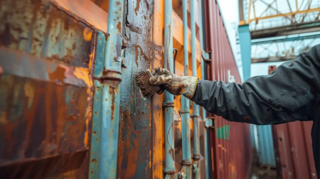 A person removing rust from a shipping container with a wire brush