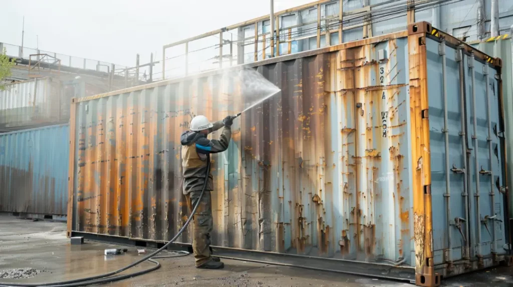 Sandblasting rust off of a shipping container
