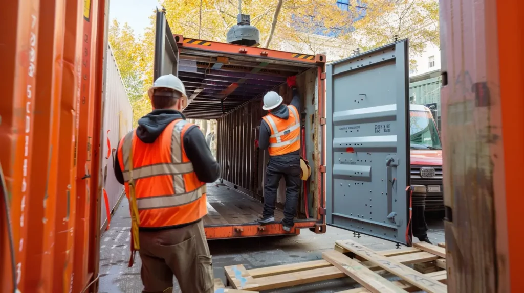 Workers unloading a shipping container